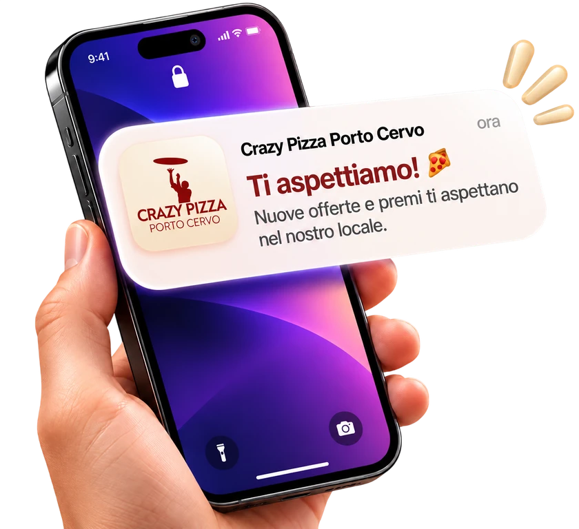 Esempio di notifica Wallet di Crazy Pizza Porto Cervo che invita il cliente a tornare nel locale.